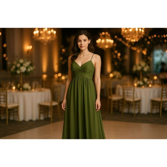 Elegant Olive Green Maxi Dress With Pleated Bodice & Spaghetti Straps Design - Picture 1 of 7